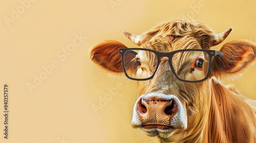 A close-up of a cow wearing horn-rimmed glasses. The cow is looking at the camera with a curious expression. The background is a pale yellow color. photo