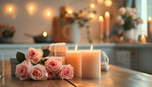 Burning candles  gift boxes and bouquet of roses on wooden table