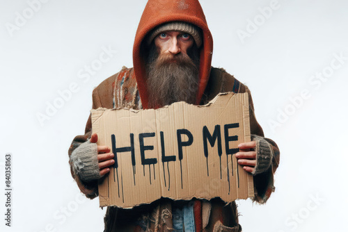 The homeless holds the inscription help me Isolated on white background photo