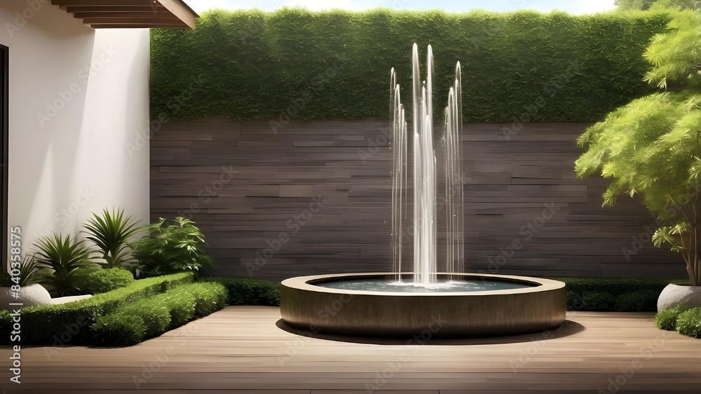 A contemporary outdoor water feature for a home that includes a ...