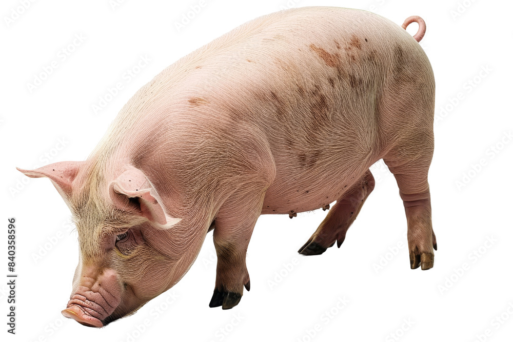 A close-up image of a pink pig standing on white background, showcasing details of its skin and texture. Perfect for agricultural themes. A close-up image of a pink pig standing on white background, showcasing details of its skin and texture. Perfect for agricultural themes.