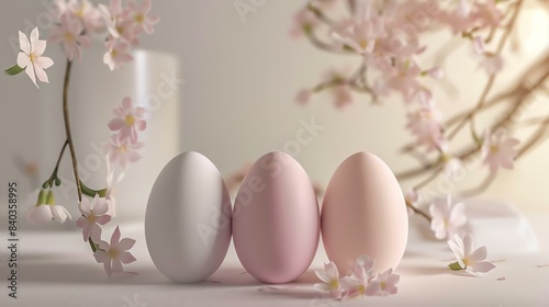 Three pastel colored eggs sit on a solid surface against a backdrop of out of focus cherry blossoms.