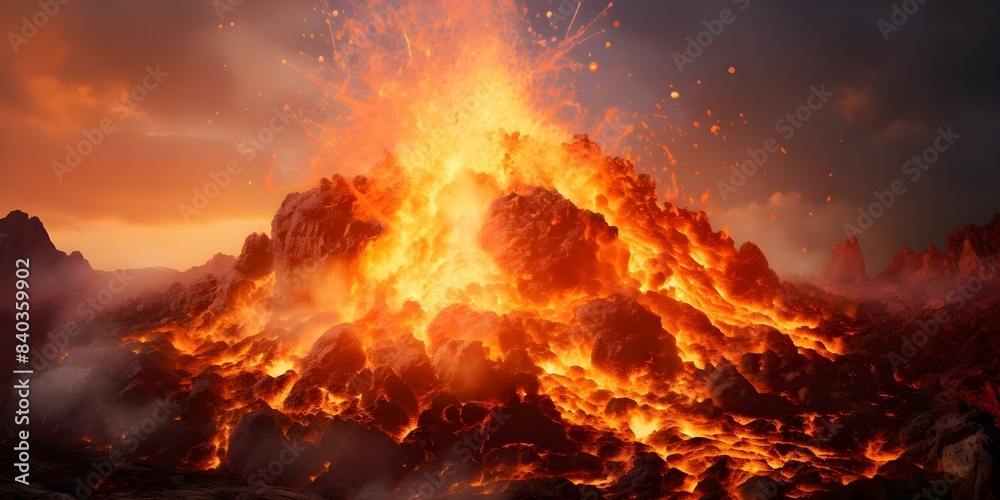 Volcano eruption causes massive explosion spewing white lava and ash. Concept Natural Disaster, Volcanic Eruption, White Lava, Ash Cloud, Catastrophic Event