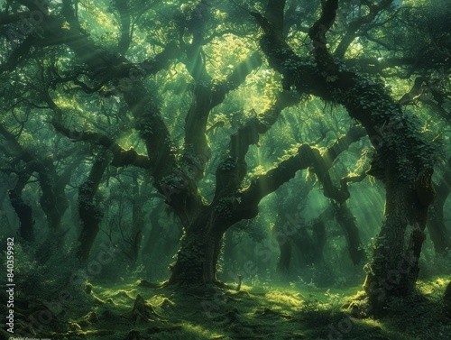 Mystical Forest Enveloped in Mist  Tranquil Scene of Ancient Trees and Luminescent Moss Under Soft Light Beams