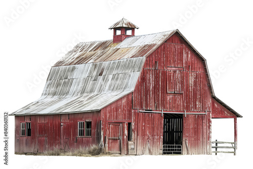 Vintage red barn with weathered wood and tin roof isolated on transparent background. Rural and rustic agricultural building. photo