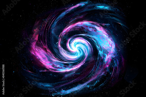 Bright pink and blue swirling neon galaxy. Stunning abstract art on black background.