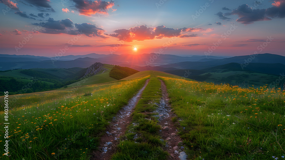 Fototapeta premium A nature hill during sunset, the sky ablaze with colors, and the grass casting long shadows