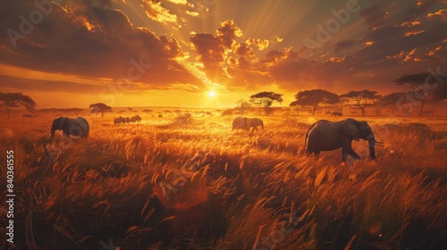 A herd of elephants are walking through a field with the sun setting in the background. photo