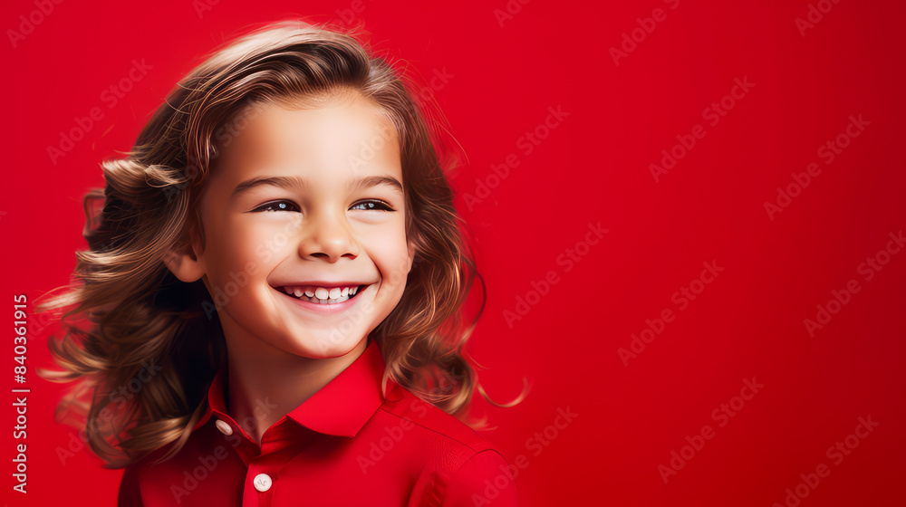 Portrait of a beautiful, happy smiling boy with long hair and perfect skin, red background, banner. Portrait of a beautiful, happy smiling boy with long hair and perfect skin, red background, banner.