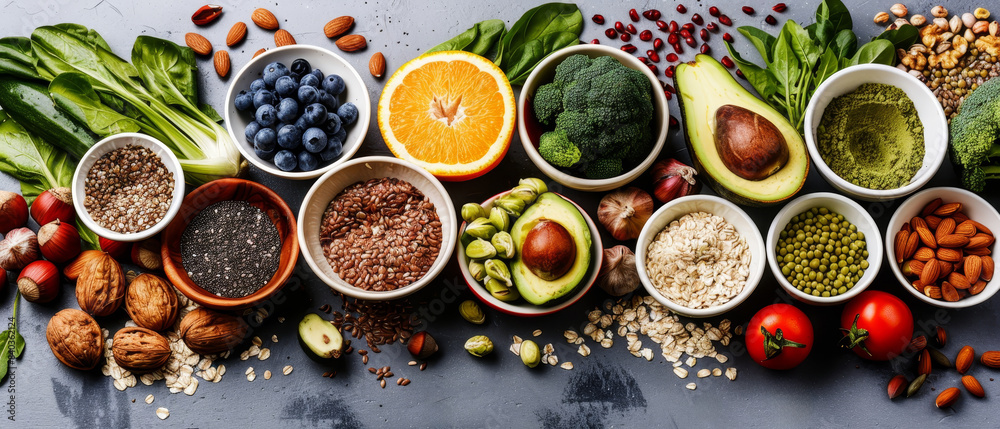 A variety of fruits and vegetables are displayed in bowls on a counter by AI generated image A variety of fruits and vegetables are displayed in bowls on a counter by AI generated image