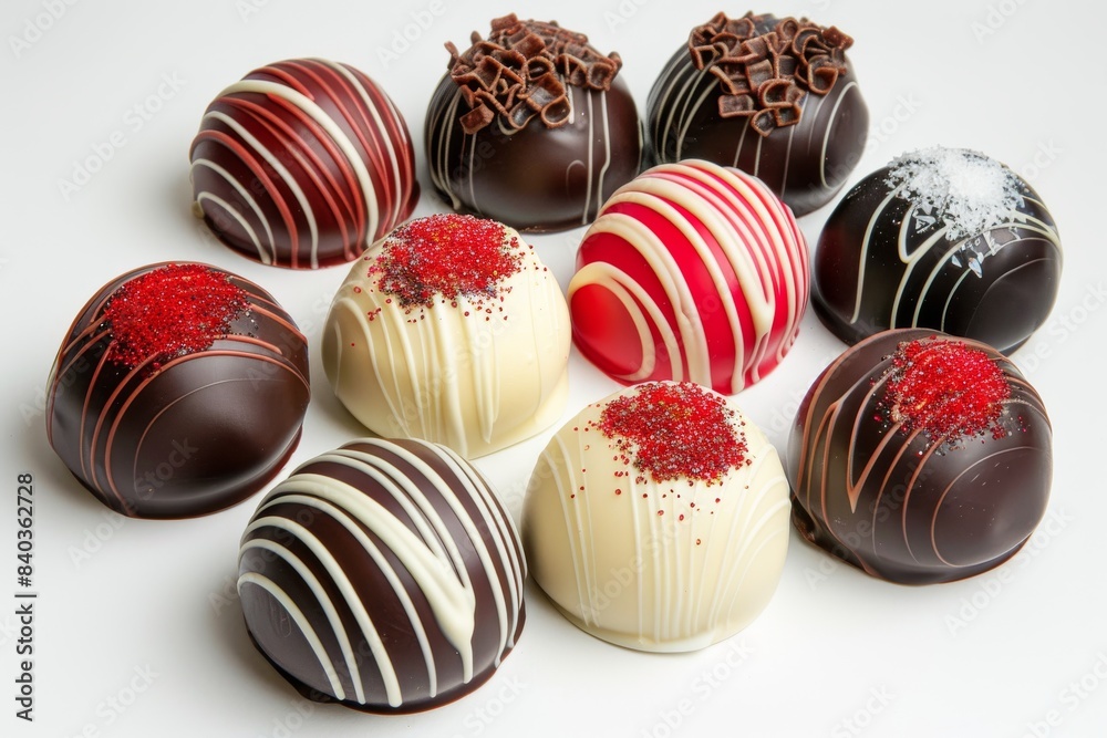 Exquisite handcrafted chocolate truffles with artistic drizzle designs, showcasing gourmet elegance and rich flavors, ideal for a luxurious dessert experience Exquisite handcrafted chocolate truffles with artistic drizzle designs, showcasing gourmet elegance and rich flavors, ideal for a luxurious dessert experience