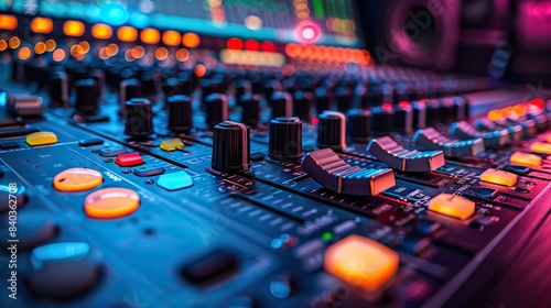 a close up of a studio mixer used in media and events directing and recording studios all trademarks and logos have been changed.stock illustration