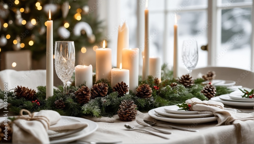 Elegant setting of the Christmas table with festive decorations in the Scandinavian style. White and green tones and natural materials in the decor. Celebrating Christmas. Elegant setting of the Christmas table with festive decorations in the Scandinavian style. White and green tones and natural materials in the decor. Celebrating Christmas.