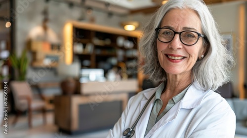 Portrait of a confident older female doctor with glasses in a bright, modern office. Ideal for healthcare, senior professionals, and medical expertise concepts.