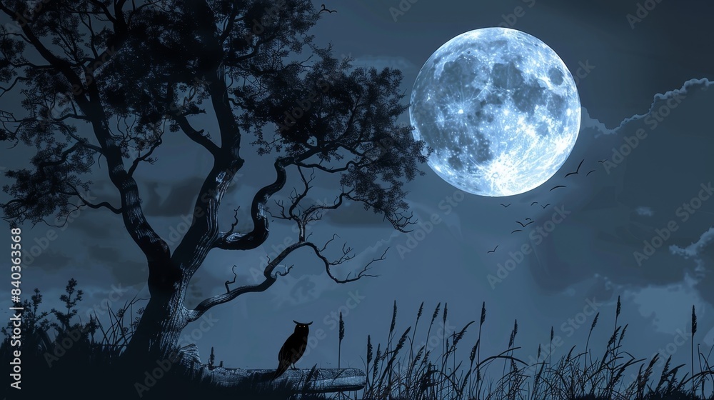 A ghostly owl hoots from a nearby tree its outline ly visible against the moonlit sky A ghostly owl hoots from a nearby tree its outline ly visible against the moonlit sky