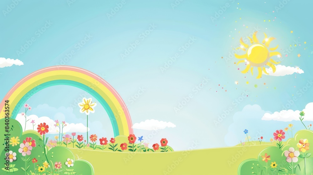 Colorful art scene with a rainbow, flowers, sun, and clouds on a blue background. Concept of springtime and happiness. Colorful art scene with a rainbow, flowers, sun, and clouds on a blue background. Concept of springtime and happiness.
