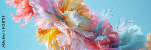 flower petals swirling together against a light blue background. The petals, rendered in soft pastel hues of pink, yellow, orange, and blue, create a sense of fluidity and motion, 