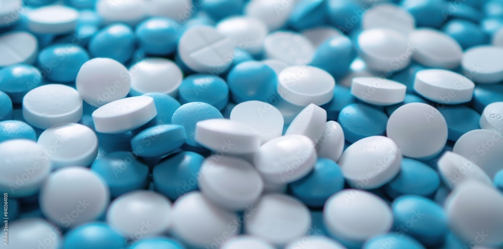 Many different drugs pills and tablets in different colors and shapes in blue colors. Medical background Many different drugs pills and tablets in different colors and shapes in blue colors. Medical background