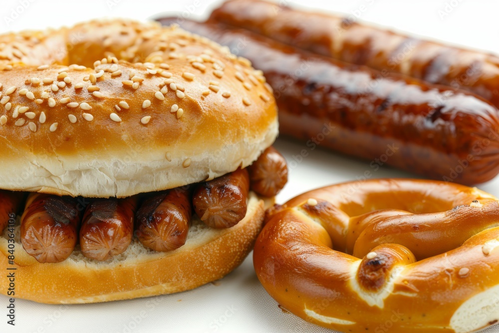 Juicy grilled sausages in a fresh bun with a pretzel on the side, highlighting a delicious and hearty meal, perfect for a traditional German cuisine experience Juicy grilled sausages in a fresh bun with a pretzel on the side, highlighting a delicious and hearty meal, perfect for a traditional German cuisine experience