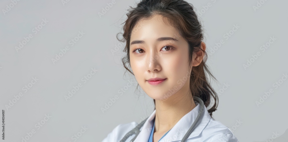 Image of confident female doctor, intern with stethoscope and medical robe, cross arms like professional, looking confident at camera, white background Image of confident female doctor, intern with stethoscope and medical robe, cross arms like professional, looking confident at camera, white background