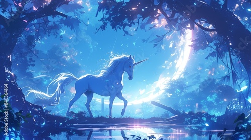 Suddenly a mystical unicorn emerged from a hidden glade its shimmering horn glowing in the moonlight as it pranced gracefully ahead of the traveler its gentle hooves ly making a sound