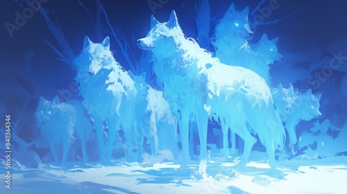 The moonlight illuminated the spectral wolves their ethereal forms appearing almost ghostlike as they gathered in a clearing. Their howls grew louder and more urgent as if they wer photo