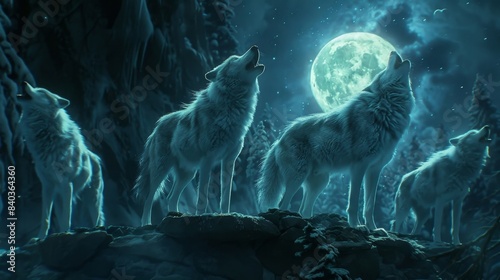 As the spectral wolves howled the moon seemed to grow brighter casting an otherworldly glow on their fur. Their bodies seemed to be made of pure moonlight and their howls sounded lik photo