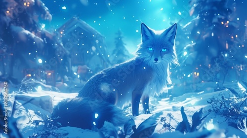 The ethereal fox prowls through the winter wonderland like a ghost its piercing blue eyes and shimmering coat lighting up the night © Justlight
