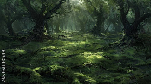 A thick layer of moss covers the ground muffling any sounds that may break the eerie stillness of the haunted forest clearing. The trees seem to lean in closer creating a sense of claustrophobi