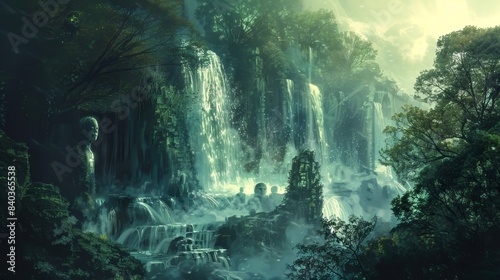 The waterfalls ethereal mist held the reflection of countless ghostly faces each one searching for a way to break free from their haunting existence