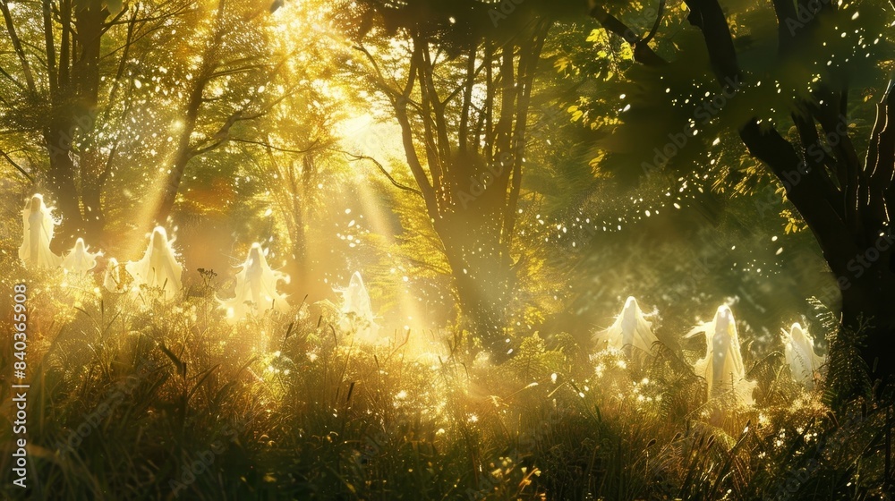 Obraz premium As the sun slowly rises the forest spirits become even more ethereal their forms becoming more translucent as they fade into the golden light only to reappear in another part of th