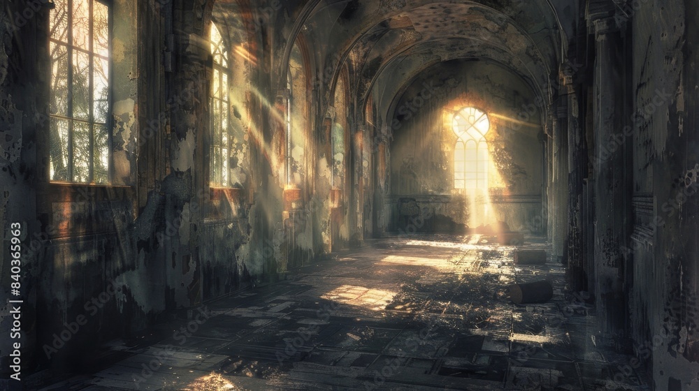 The ethereal light pouring in through cracked windows creating a serene and otherworldly atmosphere amidst the abandoned walls