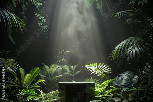 Studio podium backdrop for product display  Blank showcase mockup with natural elements  Cosmetics or beauty product promotion mockup  Pedestal with plants  Cinematic lighting. generative ai.