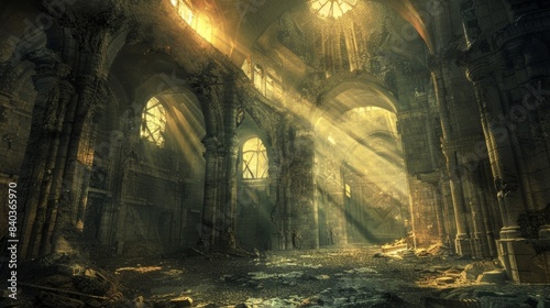 The eerie ethereal light shining through the jagged holes of the ruins giving off an otherworldly presence in the abandoned space