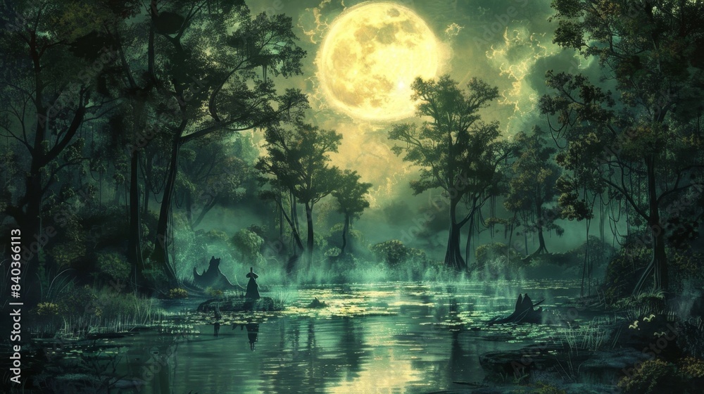 As the moon rises the spirits of the forest converge at the mystical spring their haunting silhouettes etched against the moonlit water As the moon rises the spirits of the forest converge at the mystical spring their haunting silhouettes etched against the moonlit water
