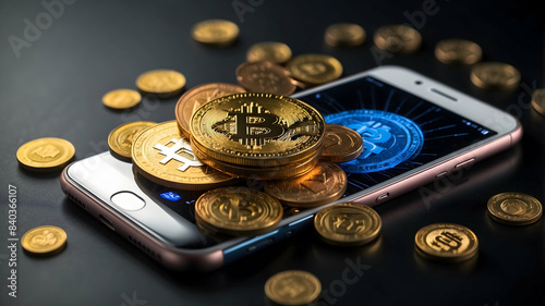 bitcoin coins on the smartphone photo