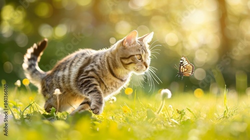 A tabby cat stalks a butterfly in a field of green grass with the sun shining through the trees in the background.