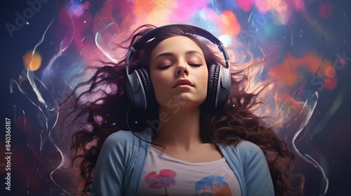 A vibrant image of a teenage girl immersed in the world of music, her headphones plugged in,