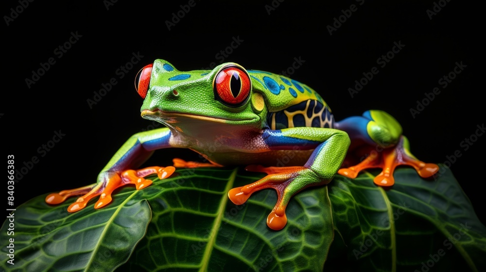 A vibrant red-eyed tree frog perched on a leaf, its camouflage disrupted by its striking eyes. A vibrant red-eyed tree frog perched on a leaf, its camouflage disrupted by its striking eyes.
