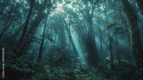 Ghostly wisps of light drifted through the dense canopy of the forest casting an otherworldly glow upon the ancient trees