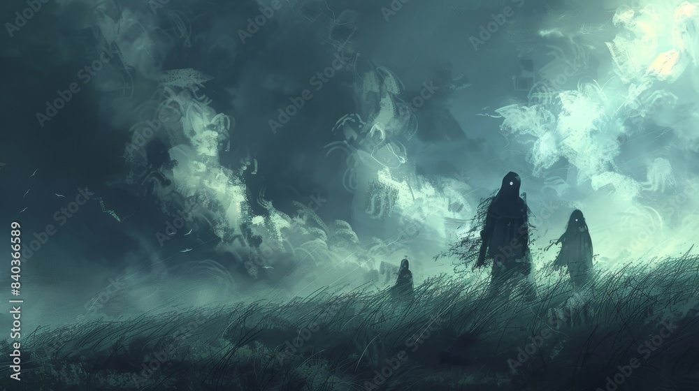 Amidst the howling wind and pounding rain the ghostly silhouettes of lost souls seem to float lost in the endless expanse of the stormy sky Amidst the howling wind and pounding rain the ghostly silhouettes of lost souls seem to float lost in the endless expanse of the stormy sky