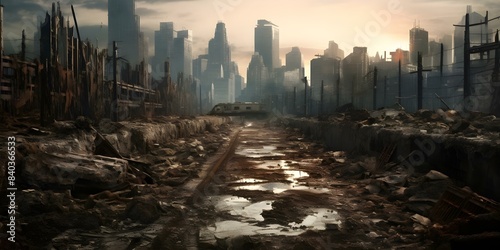 Postapocalyptic city with destroyed buildings roads and skyscrapers after an apocalypse. Concept Postapocalyptic cityscape  ruined buildings  deserted streets  skyscraper ruins