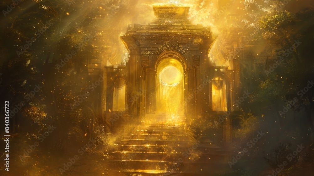 Fototapeta premium The ethereal glow emanating from the temple seemed to far transcend the dim light of sunbeams as if celestial entities were dancing within its walls