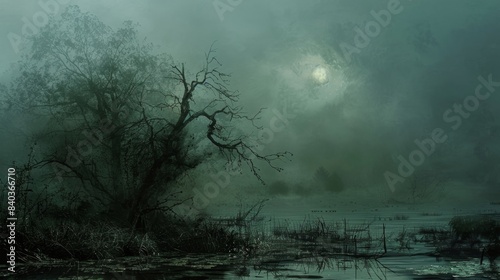 The damp air is thick with the presence of ghostly shapes their eerie moans and whispers echoing through the misty swamp