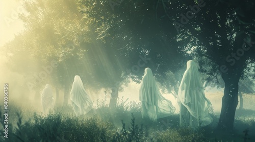 From the trees surrounding the site ghostly apparitions emerge their translucent forms gliding silently through the air as they watch over and protect the sacred space