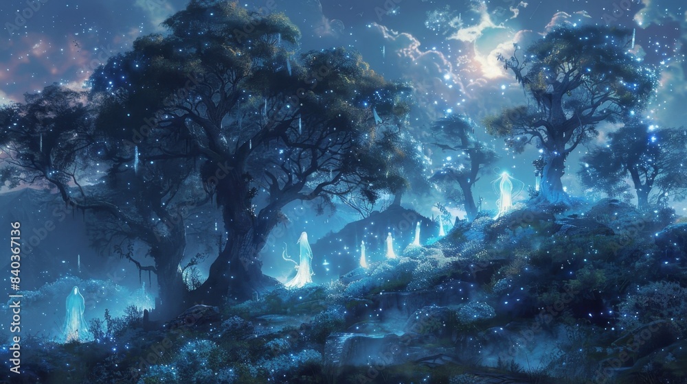 Obraz premium As night fell the spirits seemed to come to life their ethereal bodies glowing brighter as they guarded the spring under the blanket of stars
