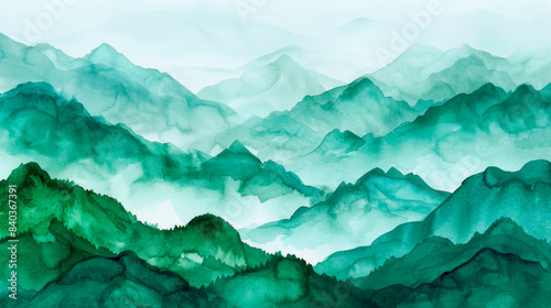 Minimalist green watercolor mountains landscape background.