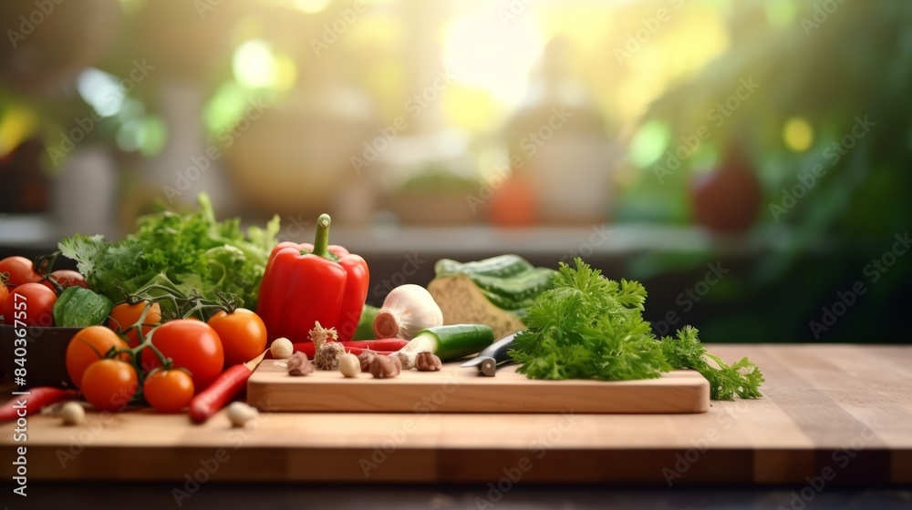 Cutting board with vegetables on a wooden table, blurry kitchen background.