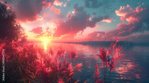 A nature riparian meadow during sunset, the sky ablaze with colors, and the grasses casting long shadows along the riverbank