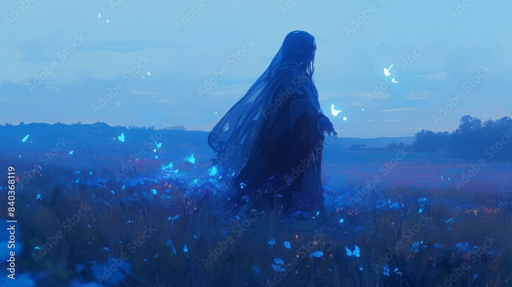 In the hauntingly beautiful twilight meadow a translucent entity drifts through the mist leaving a trail of shimmering light in its wake In the hauntingly beautiful twilight meadow a translucent entity drifts through the mist leaving a trail of shimmering light in its wake